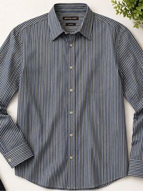 Michael Kors Men's Blue Yellow Stripe Button Down Shirt LG 100% Cotton Classic